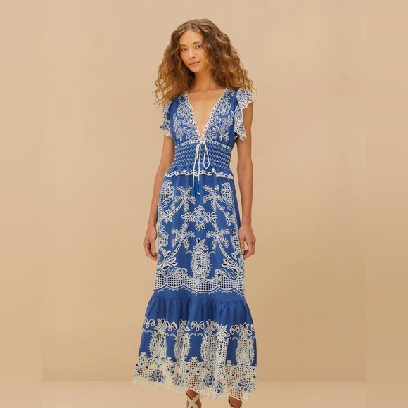 FARM Rio Dresses & Skirts - FARM Rio Blue and White Embroidered Maxi Dress